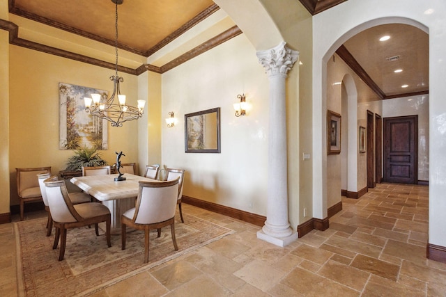 3870 NE 31st Ave, Lighthouse Point, FL 33064 - dining space with ornamental molding, stone tile flooring, arched walkways, a chandelier, and a tray ceiling