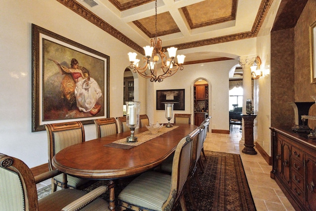 3870 NE 31st Ave, Lighthouse Point, FL 33064 - dining area featuring arched walkways, stone tile floors, a chandelier, ornate columns, and beamed ceiling