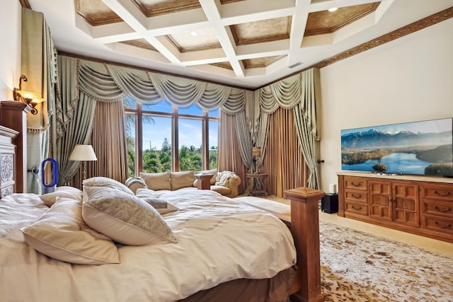 3870 NE 31st Ave, Lighthouse Point, FL 33064 - bedroom with coffered ceiling, crown molding, and beam ceiling