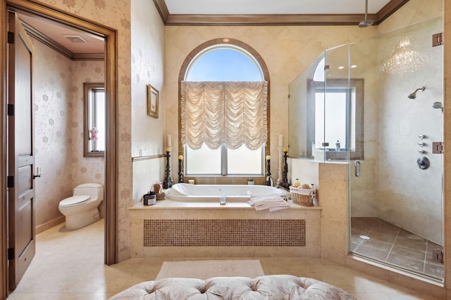 3870 NE 31st Ave, Lighthouse Point, FL 33064 - bathroom featuring ornamental molding, a bath, healthy amount of natural light, a stall shower, and wallpapered walls