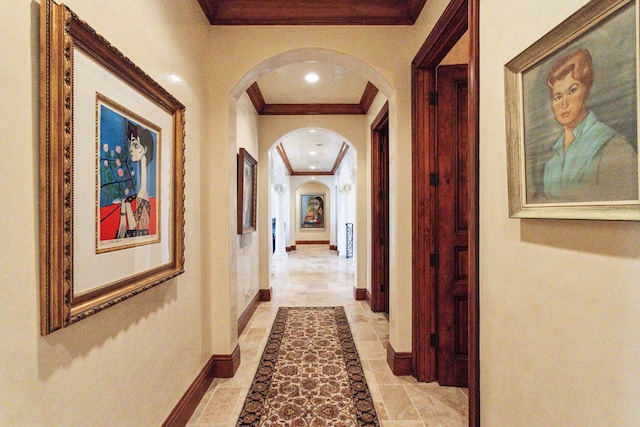 3870 NE 31st Ave, Lighthouse Point, FL 33064 - hall with arched walkways, crown molding, and recessed lighting
