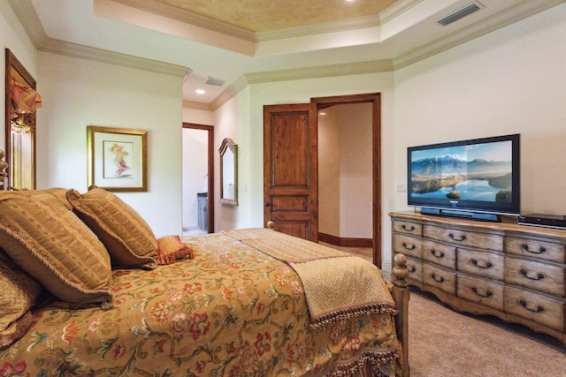 3870 NE 31st Ave, Lighthouse Point, FL 33064 - bedroom featuring a tray ceiling, crown molding, carpet floors, and recessed lighting