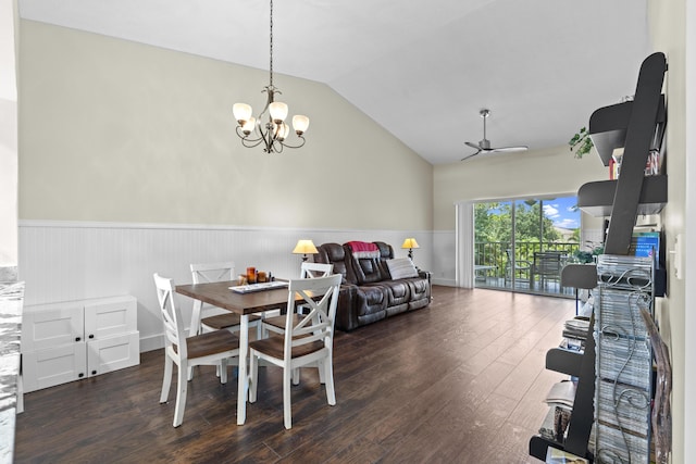 2950 SE Ocean Blvd Unit 119-6, Stuart, FL 34996 - dining space with a wainscoted wall, vaulted ceiling, wood finished floors, a chandelier, and a ceiling fan