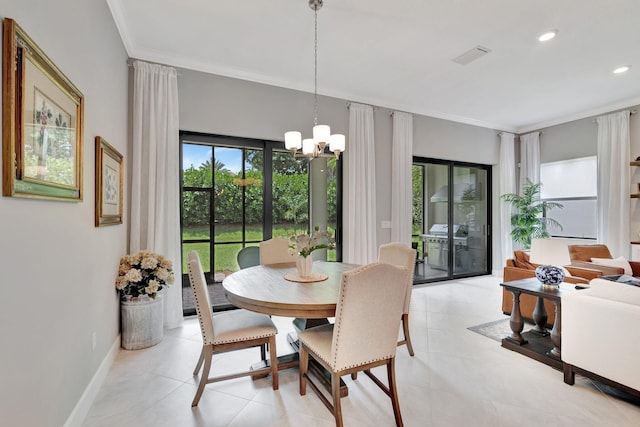 572 SE Villandry Way, Port Saint Lucie, FL 34984 - dining area featuring a chandelier, ornamental molding, recessed lighting, and light tile patterned flooring