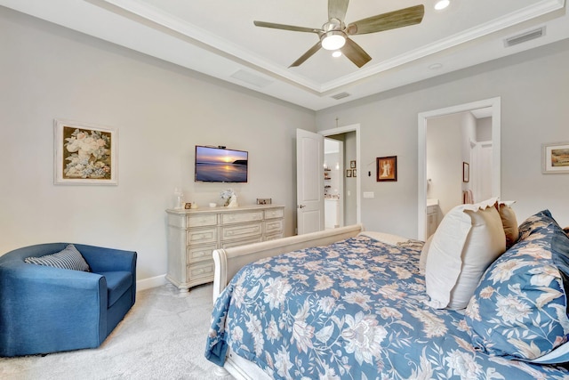 572 SE Villandry Way, Port Saint Lucie, FL 34984 - bedroom featuring light carpet, crown molding, a raised ceiling, a ceiling fan, and recessed lighting