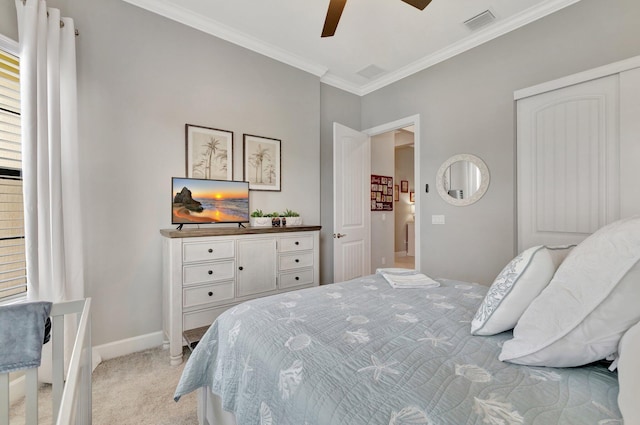 572 SE Villandry Way, Port Saint Lucie, FL 34984 - bedroom featuring ornamental molding, light carpet, a closet, and a ceiling fan