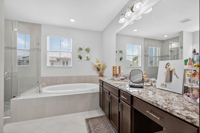 16360 Oakview Dr, Westlake, FL 33470 - bathroom featuring a bath, tile patterned floors, vanity, a stall shower, and recessed lighting