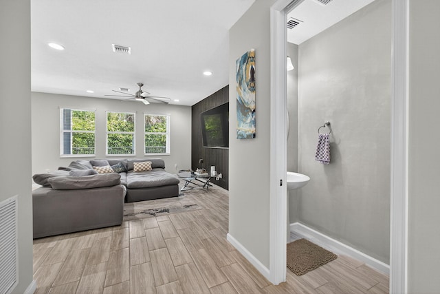 16360 Oakview Dr, Westlake, FL 33470 - living room with light wood finished floors, a ceiling fan, and recessed lighting