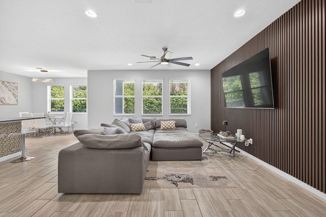 16360 Oakview Dr, Westlake, FL 33470 - living area with a ceiling fan, light wood-style floors, recessed lighting, and wooden walls