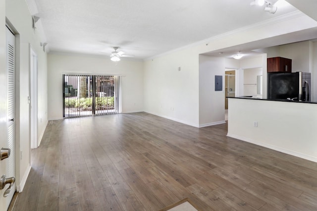 4903 Midtown Ln Unit 3120, Palm Beach Gardens, FL 33418 - unfurnished living room with a ceiling fan, ornamental molding, hardwood / wood-style floors, and electric panel