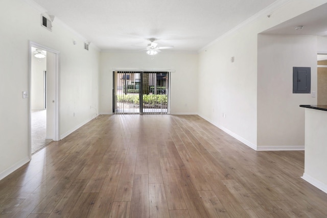 4903 Midtown Ln Unit 3120, Palm Beach Gardens, FL 33418 - empty room with a ceiling fan, electric panel, light wood-style flooring, and crown molding