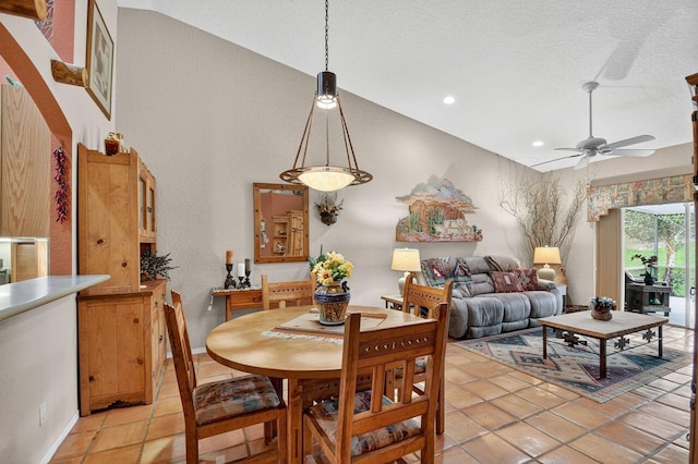 9484 Swansea Ln, West Palm Beach, FL 33411 - dining room with a ceiling fan, light tile patterned flooring, a textured wall, recessed lighting, and a textured ceiling