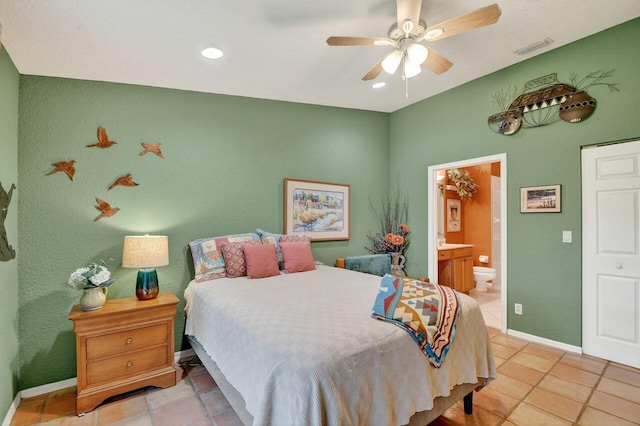9484 Swansea Ln, West Palm Beach, FL 33411 - bedroom with light tile patterned floors, ensuite bath, a ceiling fan, and recessed lighting