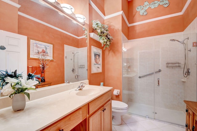 9484 Swansea Ln, West Palm Beach, FL 33411 - full bath featuring vanity, a shower stall, tile patterned floors, and crown molding