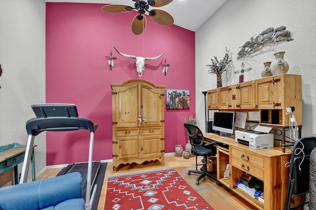 9484 Swansea Ln, West Palm Beach, FL 33411 - home office featuring a ceiling fan, high vaulted ceiling, and light tile patterned floors