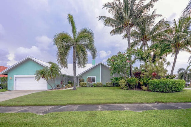45 Birch Pl, Tequesta, FL 33469 - view of front of house with an attached garage, a front yard, concrete driveway, and stucco siding