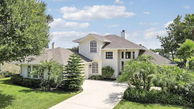 2000 SW Oakwater Pt, Palm City, FL 34990 - view of front facade with driveway, a chimney, a garage, a shingled roof, and a front lawn