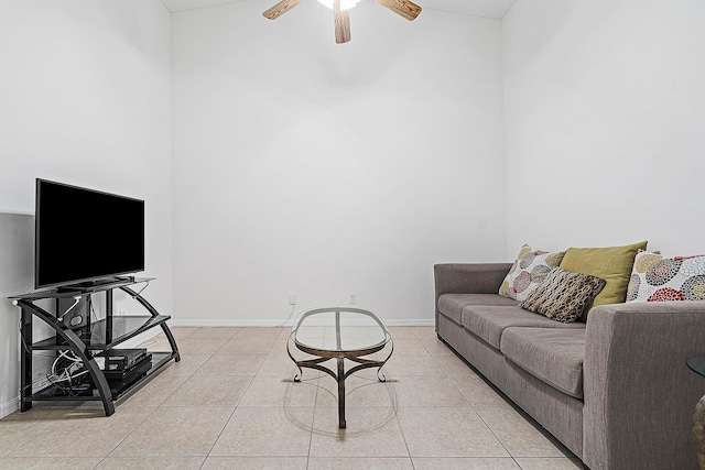 9331 Bridgeport Dr, Royal Palm Beach, FL 33411 - living room featuring a high ceiling, a ceiling fan, and light tile patterned flooring