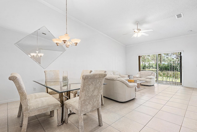 9331 Bridgeport Dr, Royal Palm Beach, FL 33411 - dining area featuring a chandelier, light tile patterned flooring, vaulted ceiling, crown molding, and ceiling fan