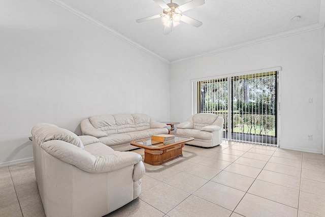 9331 Bridgeport Dr, Royal Palm Beach, FL 33411 - living room with vaulted ceiling, light tile patterned floors, ceiling fan, ornamental molding, and a textured ceiling