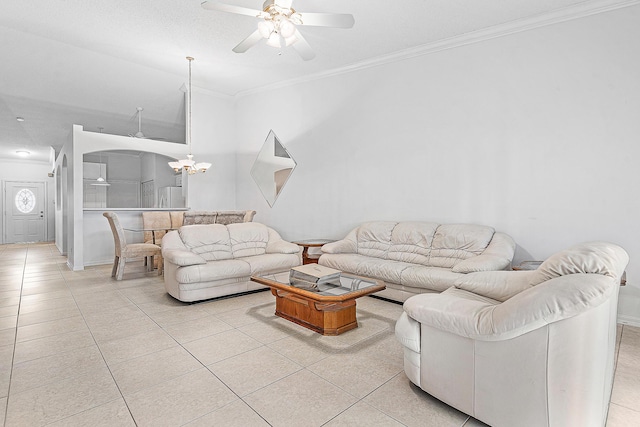 9331 Bridgeport Dr, Royal Palm Beach, FL 33411 - living room with a chandelier, crown molding, a ceiling fan, and light tile patterned flooring