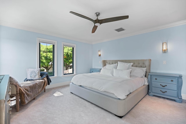 6204 Celadon Cir, Palm Beach Gardens, FL 33418 - bedroom with ornamental molding, light colored carpet, and a ceiling fan