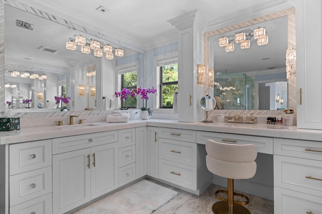 6204 Celadon Cir, Palm Beach Gardens, FL 33418 - bathroom featuring crown molding, a stall shower, vanity, and a chandelier
