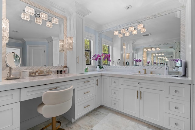 6204 Celadon Cir, Palm Beach Gardens, FL 33418 - full bathroom with ornamental molding, marble finish floors, and vanity