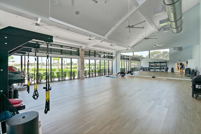 6204 Celadon Cir, Palm Beach Gardens, FL 33418 - workout area featuring high vaulted ceiling, ceiling fan, wood finished floors, and beam ceiling