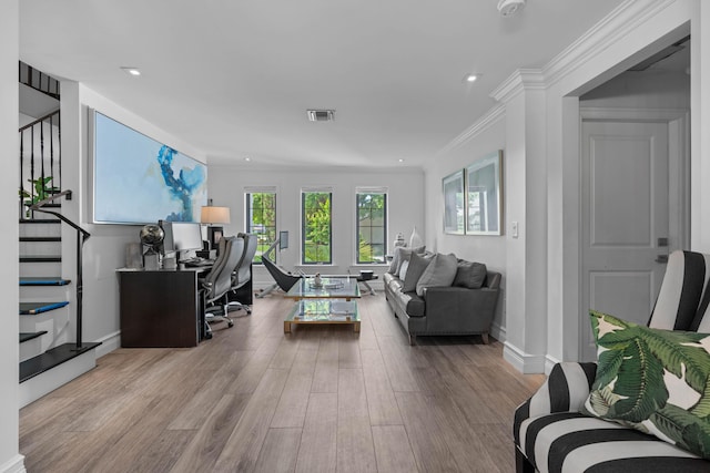6204 Celadon Cir, Palm Beach Gardens, FL 33418 - living room with crown molding, an office area, wood finished floors, stairway, and recessed lighting