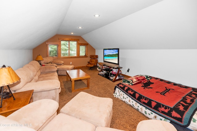 living room with carpet and vaulted ceiling