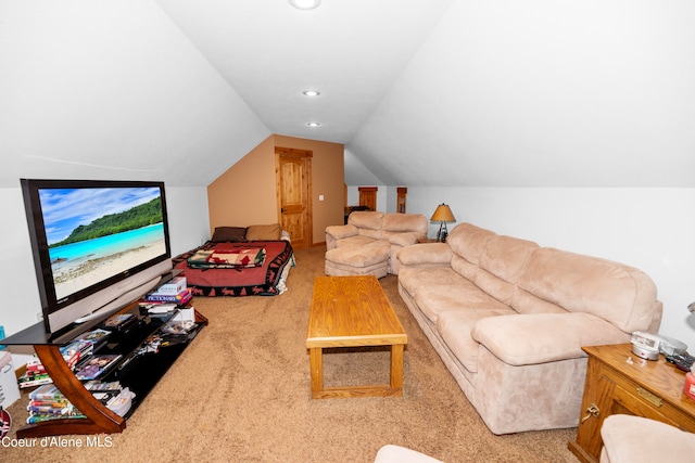 living room with light carpet and vaulted ceiling