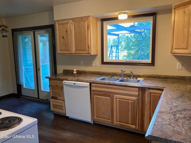 kitchen featuring dark hardwood / wood-style floors, french doors, sink, stove, and dishwasher