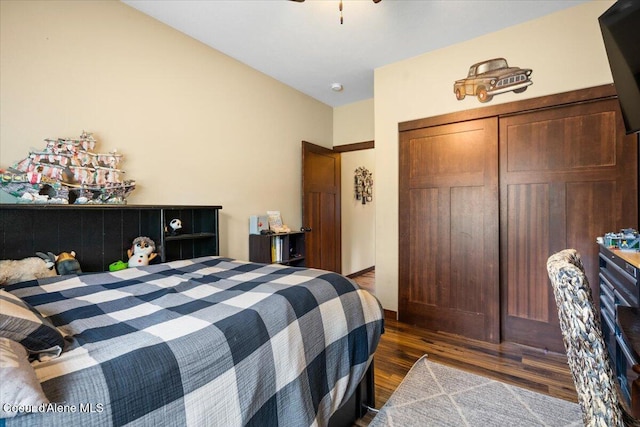 bedroom with dark hardwood / wood-style floors and a closet