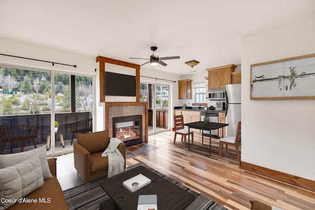 living room with ceiling fan, light hardwood / wood-style flooring, and a fireplace