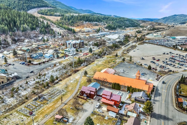 drone / aerial view featuring a mountain view