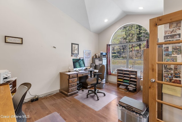 office space featuring lofted ceiling and dark wood-type flooring