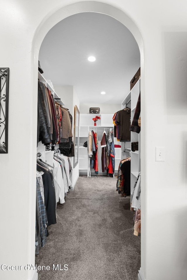 spacious closet featuring dark colored carpet