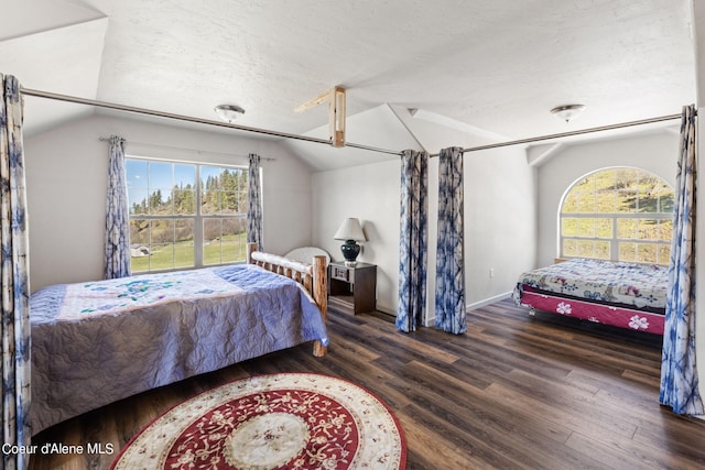 bedroom featuring a textured ceiling, multiple windows, lofted ceiling, and dark hardwood / wood-style flooring