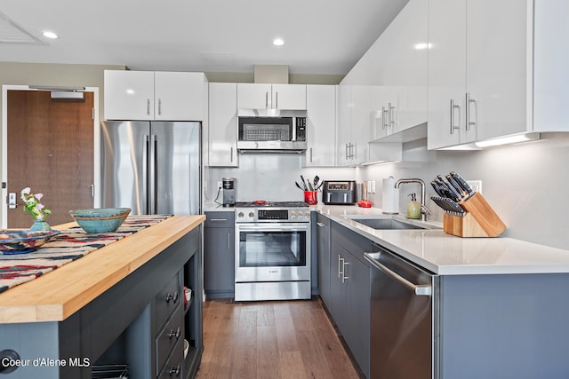 kitchen featuring appliances with stainless steel finishes, white cabinetry, dark hardwood / wood-style floors, gray cabinetry, and sink