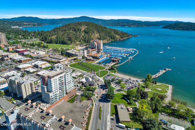 birds eye view of property featuring a water and mountain view