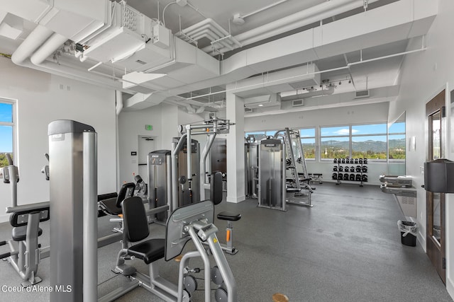 exercise room with a towering ceiling