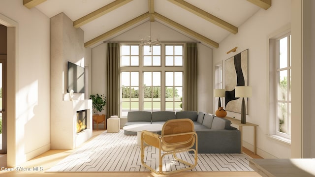 interior space featuring a fireplace, an inviting chandelier, a wealth of natural light, and lofted ceiling with beams