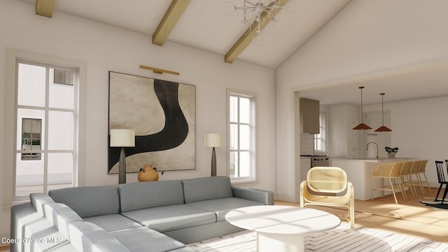 living room featuring sink, high vaulted ceiling, beam ceiling, and light hardwood / wood-style floors