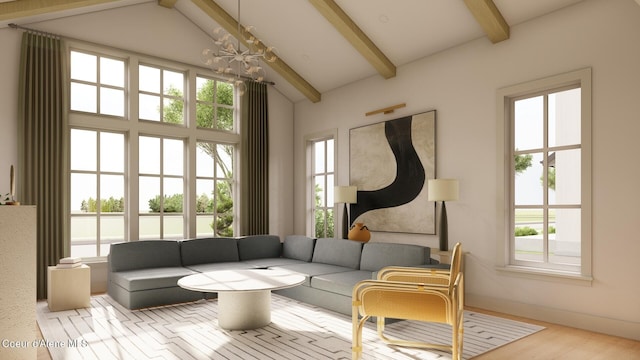 living room with light wood-type flooring, a chandelier, and a wealth of natural light