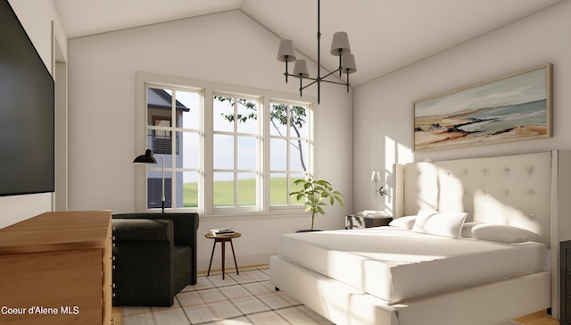 bedroom with an inviting chandelier, lofted ceiling, and multiple windows