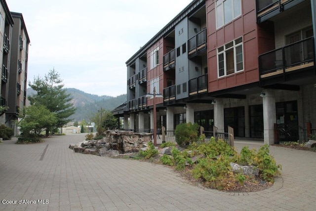 view of building exterior with a mountain view