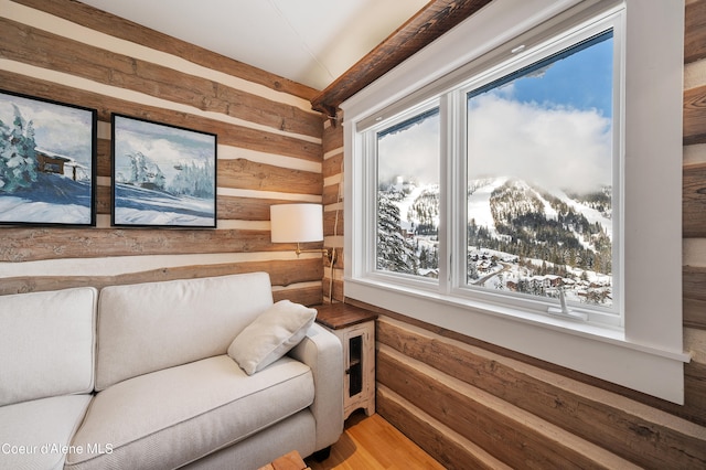 interior space with a mountain view and wood-type flooring