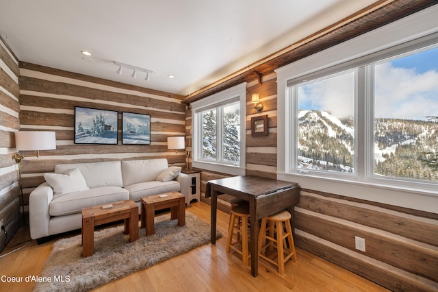 living room featuring light hardwood / wood-style floors, log walls, a wealth of natural light, and rail lighting