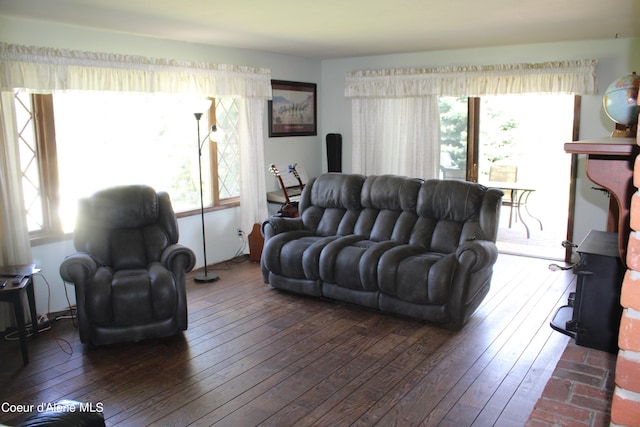 living room with dark hardwood / wood-style floors